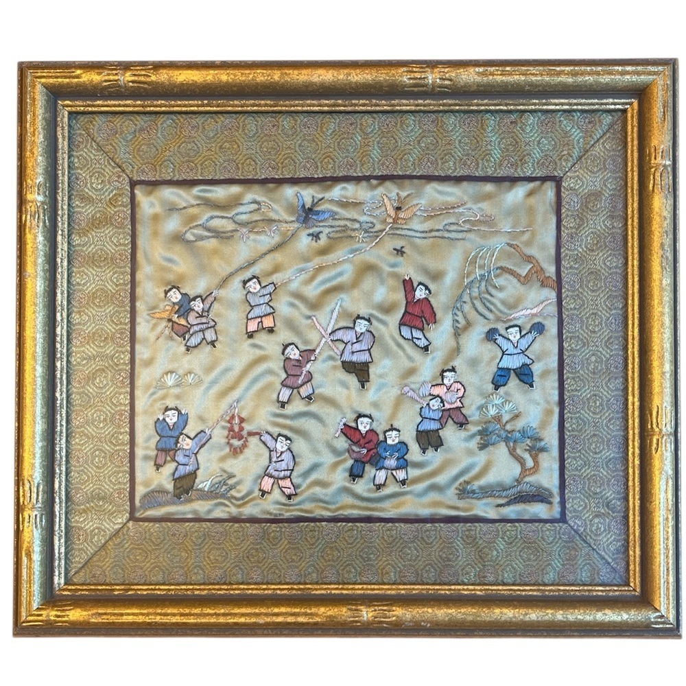 Vintage Chinese Silk Thread Embroidery Framed Wall Art Kids at Play